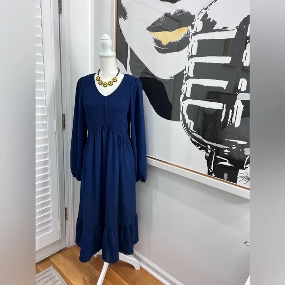 Zwurew V Neck Long Sleeve Rouched Bodice Dress in Navy Blue, Size XL - Picture 4 of 10